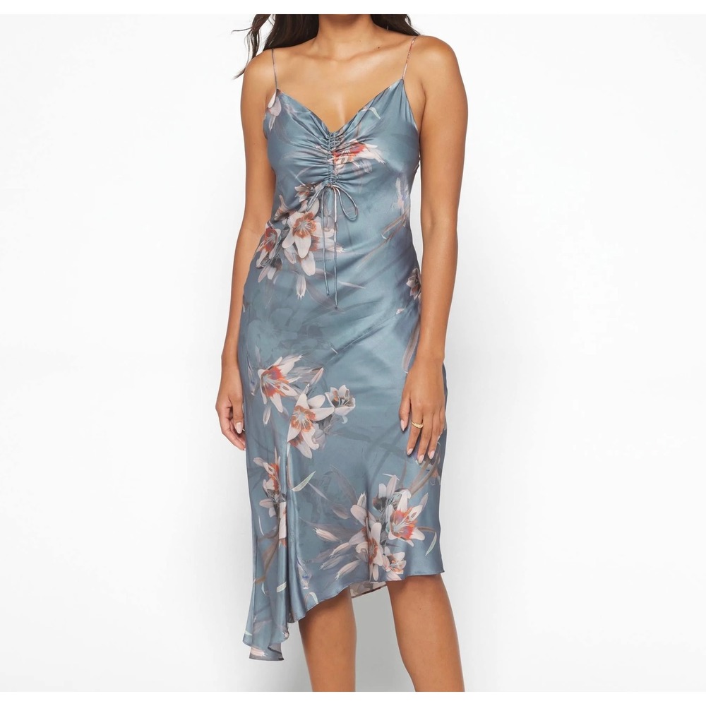 AllSaints Dress Women's 12 Blue Floral Alexia Kuroyuri Ruched Silk Slip Midi